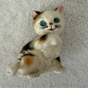 Vintage Ceramic Kitten Japan Cat Green Gem Eyes 3” White Brown Black